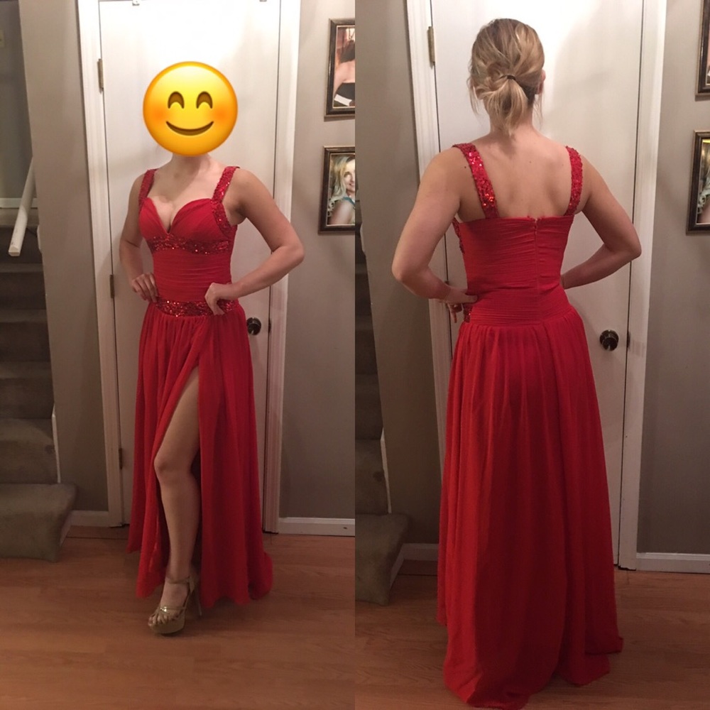 Red sequin gown with slit