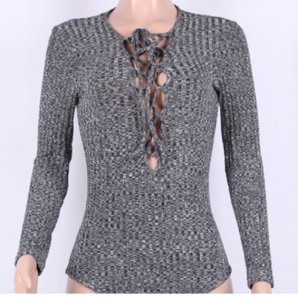 Heather Gray Lace-up Bodysuit - Picture 6 of 7