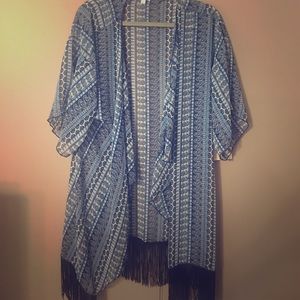 Multi blue silky kimono with black fringe