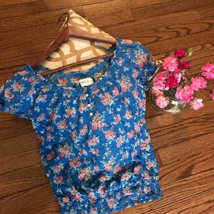 Blue Floral Peasant Top