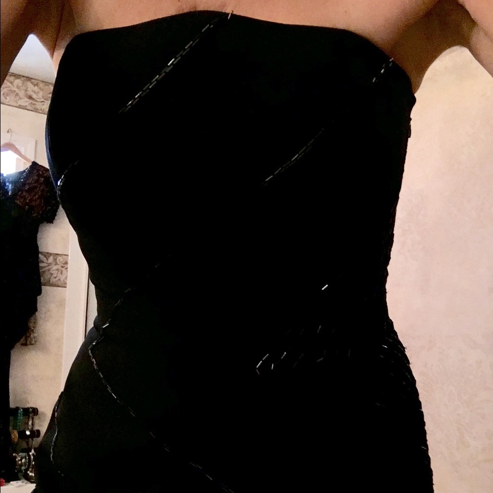 Black beaded strapless designer gown