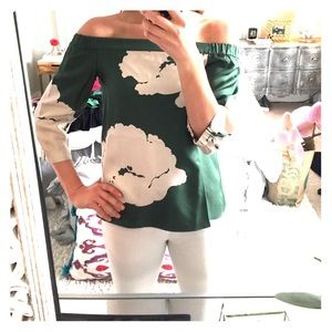 Tibi off-the-shoulder green floral print blouse