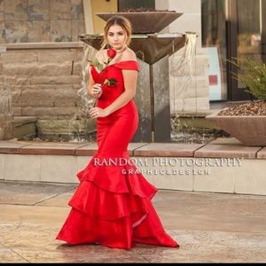 red off the shoulder tiered mermaid prom dress