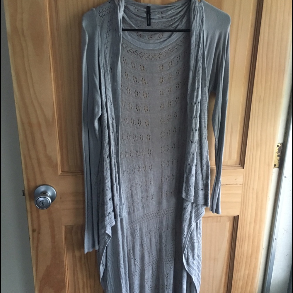 Grey cardigan.