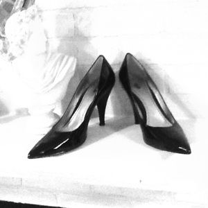 BP brand black patent leather heels.