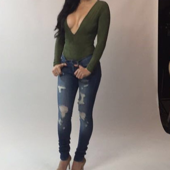 Olive Plunging Bodysuit - Picture 2 of 3