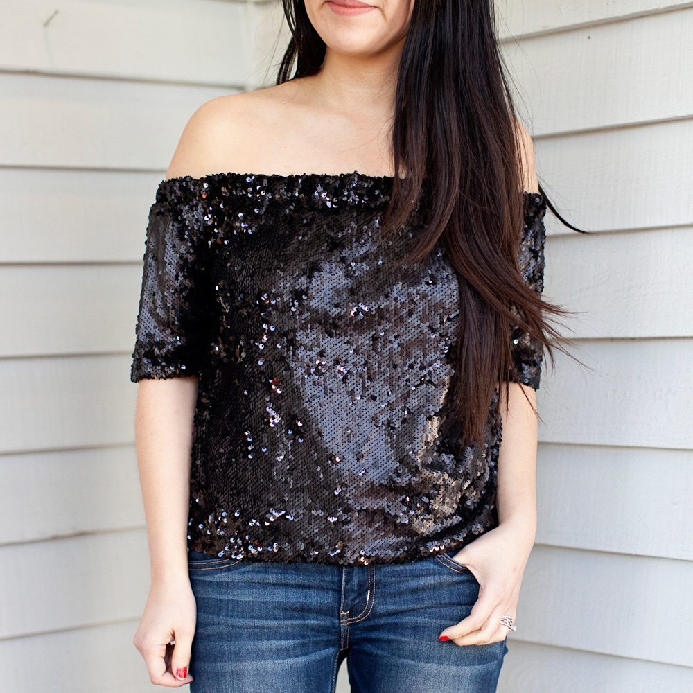 SALE-Black glitter Sequin off the Shoulder Top.