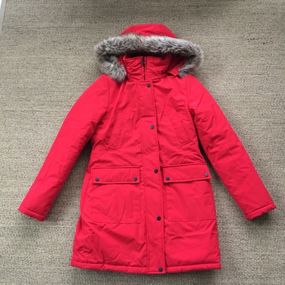 red parka coat with fur hood