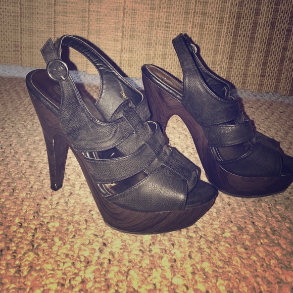 Charlotte Russe Shoes - Black leather with wood like platform heels