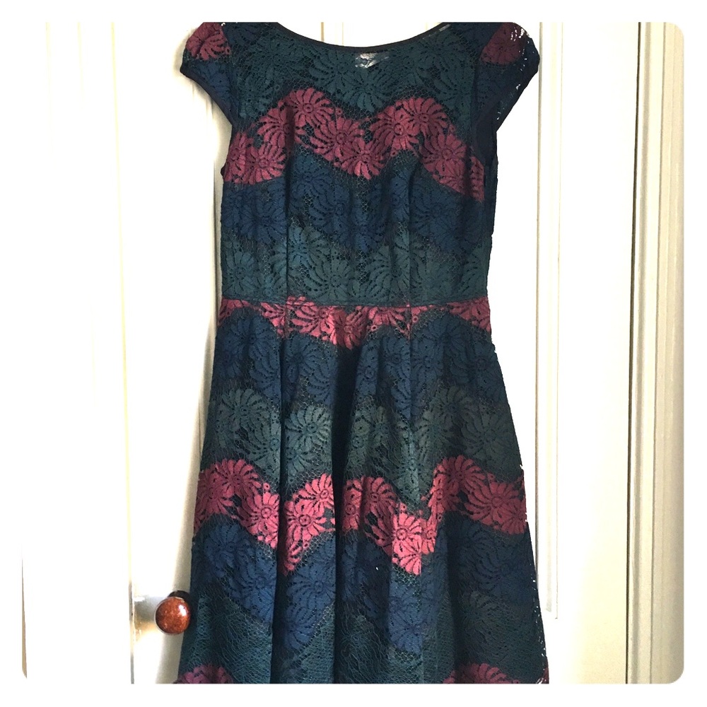eShakti Dark Lace Overlay Fit and Flare Dress