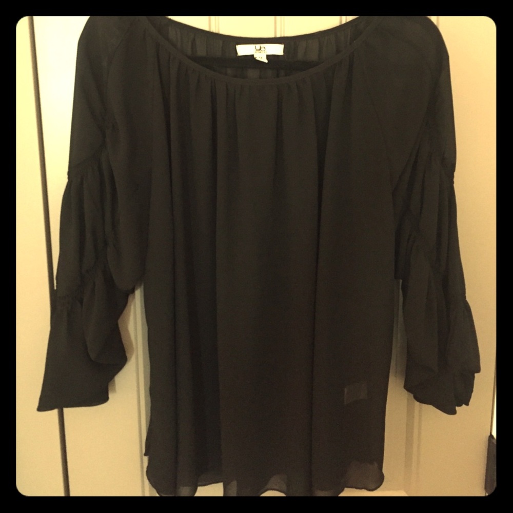 Sheer, black blouse, billowed sleeves.