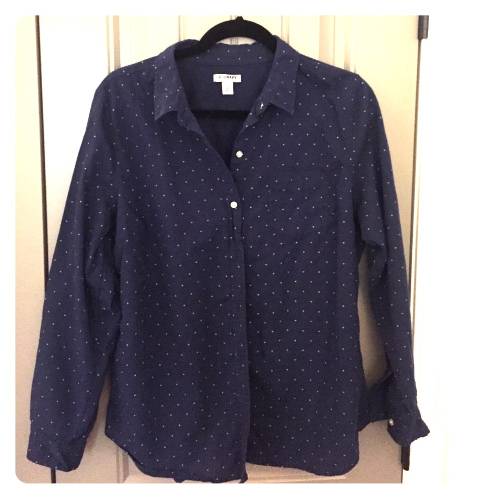 Navy and green polka dot button down.