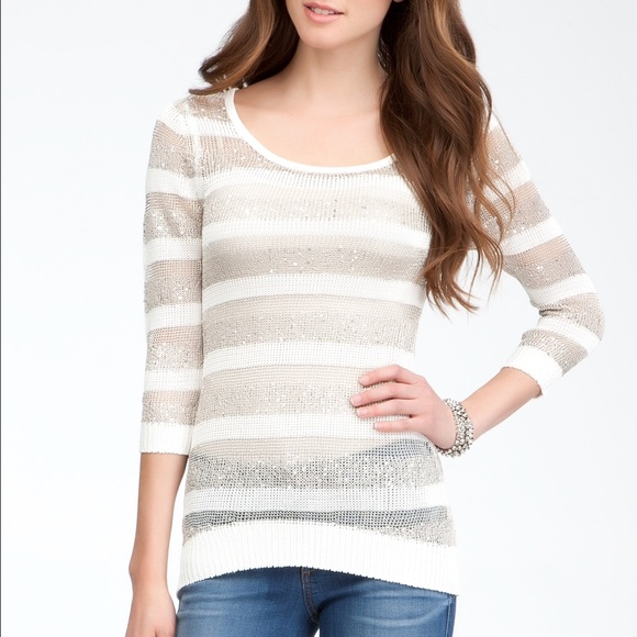 Bebe Silver Knit Sequin Metallic Stripe Sweater Sz S - Picture 2 of 8