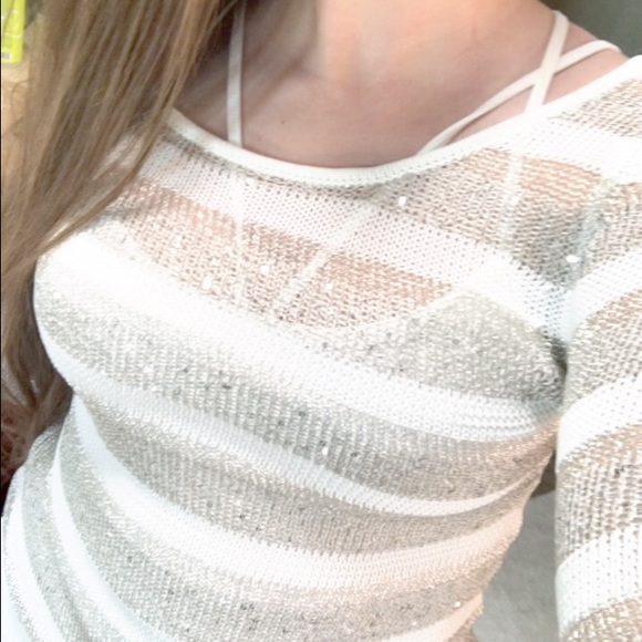 Bebe Silver Knit Sequin Metallic Stripe Sweater Sz S - Picture 5 of 8