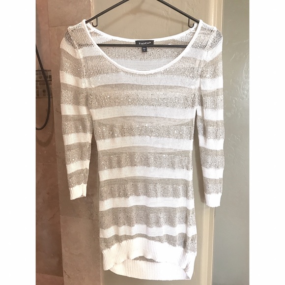 Bebe Silver Knit Sequin Metallic Stripe Sweater Sz S - Picture 6 of 8