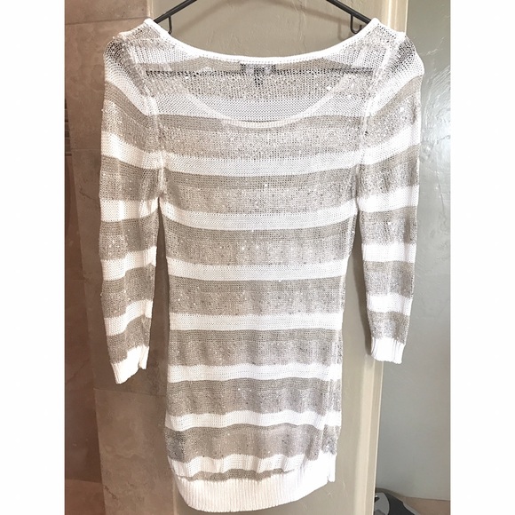 Bebe Silver Knit Sequin Metallic Stripe Sweater Sz S - Picture 7 of 8