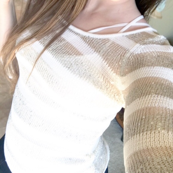 Bebe Silver Knit Sequin Metallic Stripe Sweater Sz S - Picture 8 of 8