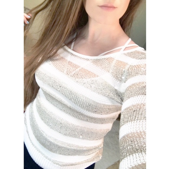 Bebe Silver Knit Sequin Metallic Stripe Sweater Sz S - Picture 1 of 8