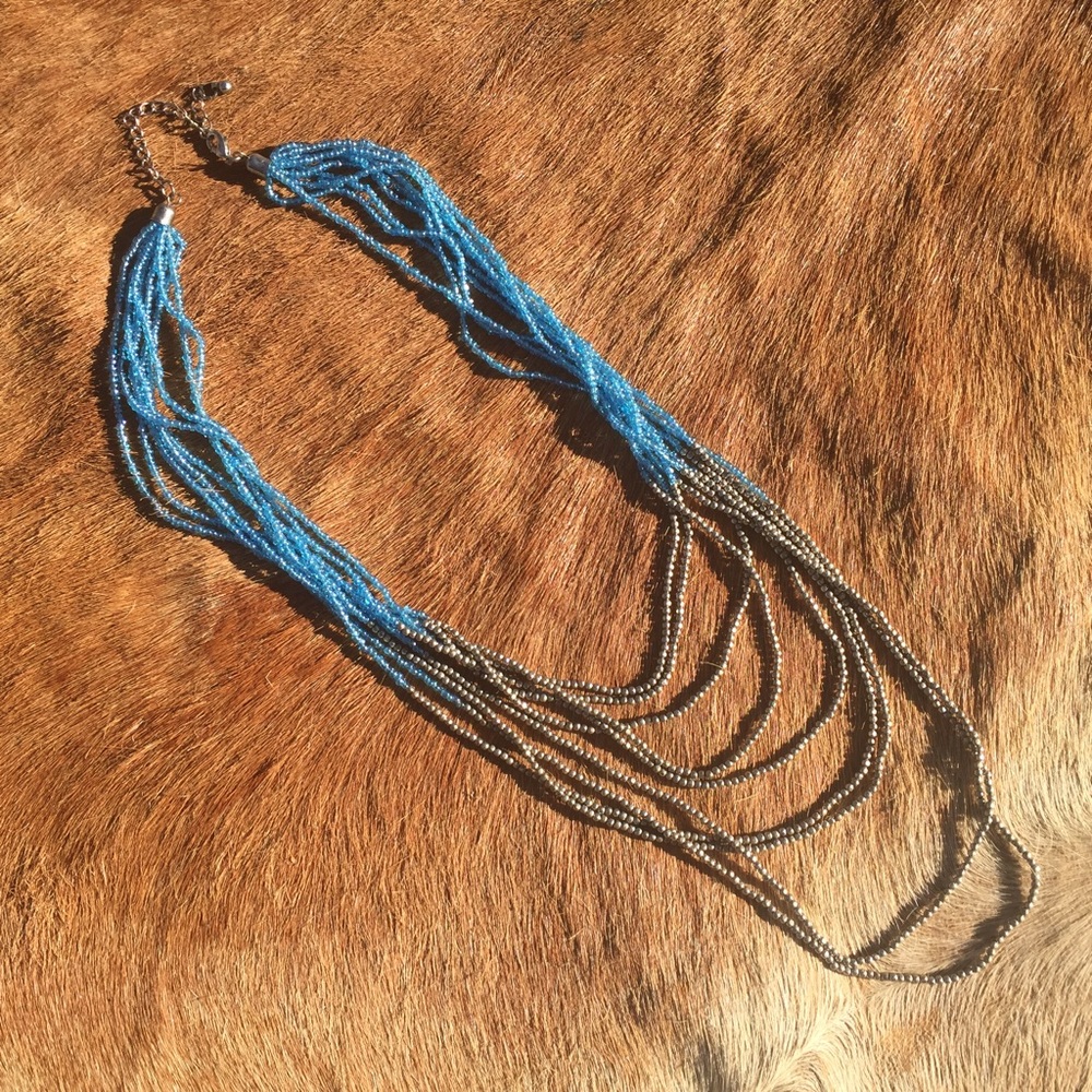 Beaded cascade necklace. Turquoise & silver colors