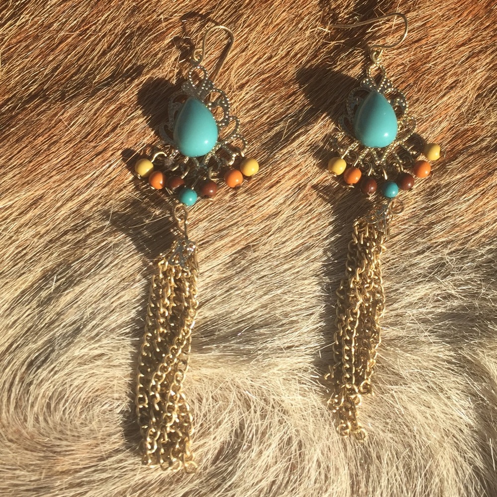 Turquoise, brown, orange, gold earrings
