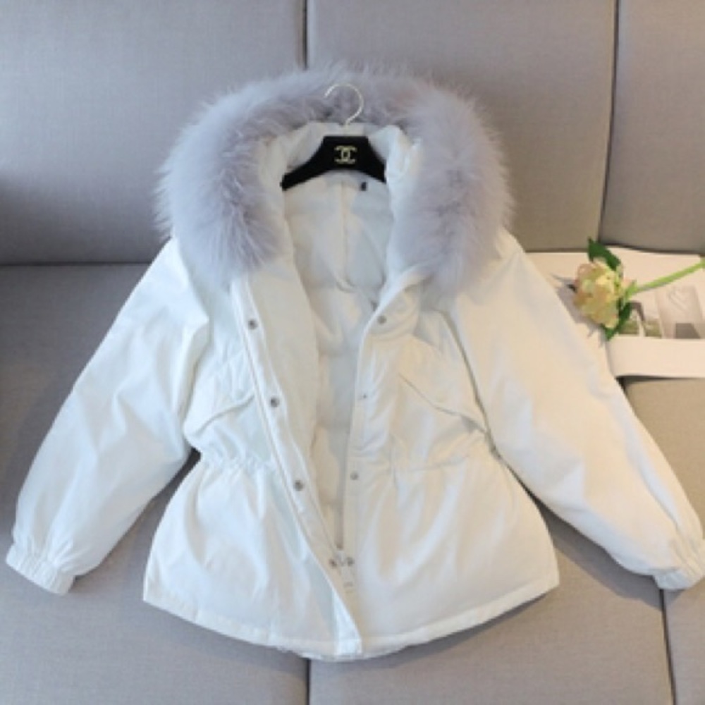 White Down Jacket with Big Faux Fur Collar