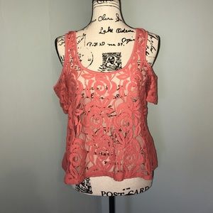 Coral Lace Hi-Lo Cold-Shoulder Top