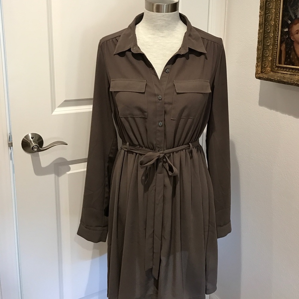 Olive green, mid length button up dress, long sleeves office wear