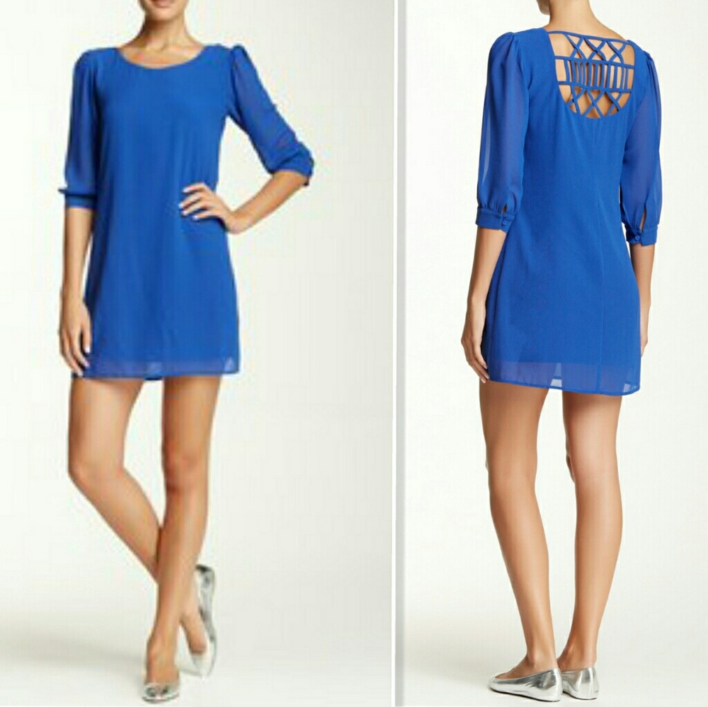 Lattice Back Cobalt Blue Shift Dress, 3/4 Sleeves