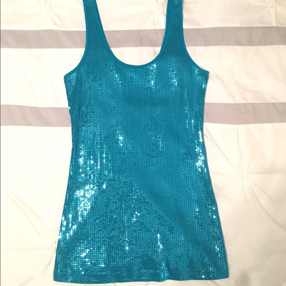 Express Turquoise Sequin Tank Top - Picture 1 of 5