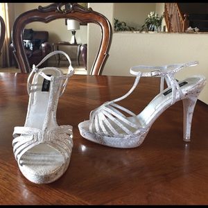 Silver peep toe pumps
