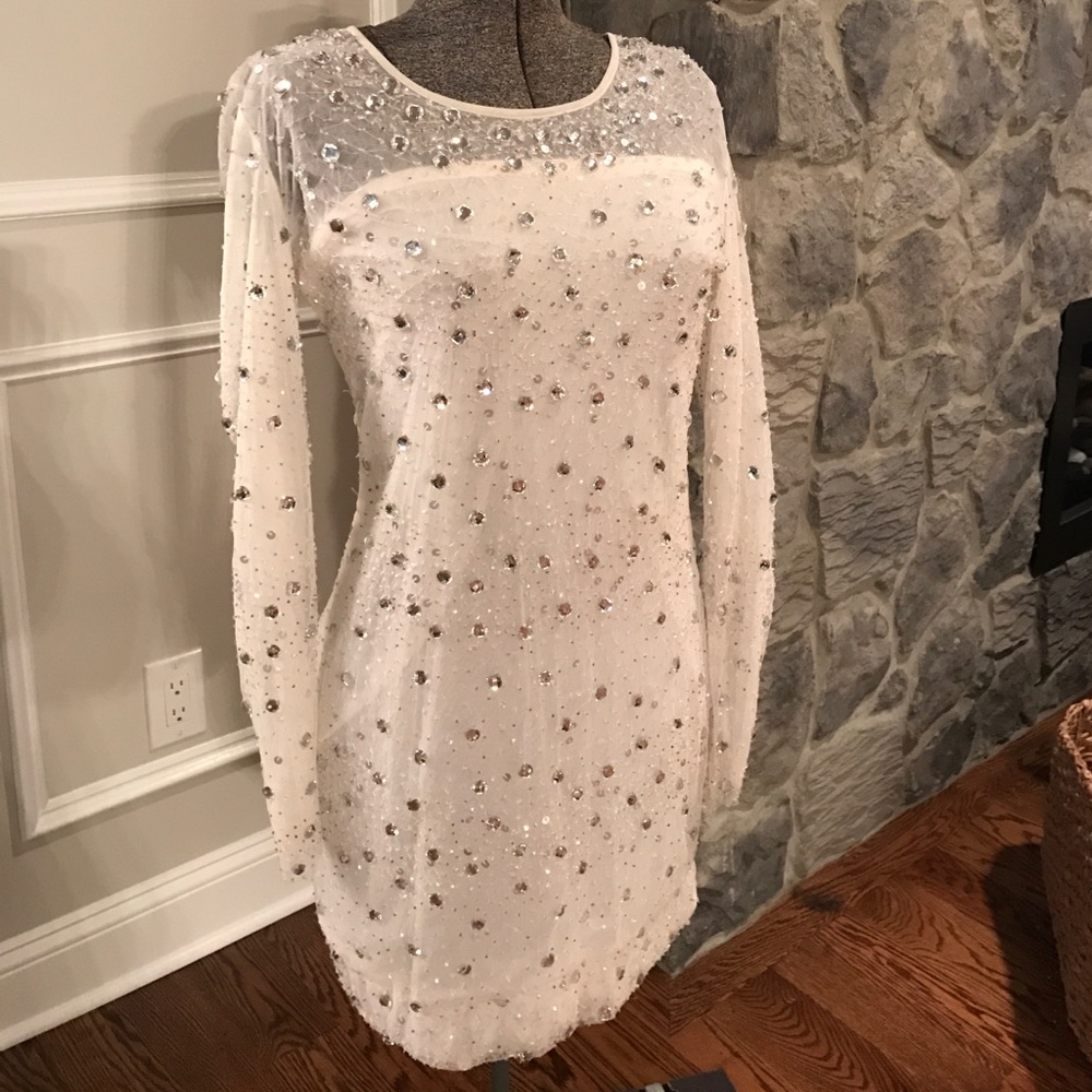 White long sleeve sheer beaded & gems shift dress