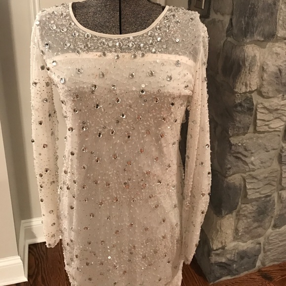 White long sleeve sheer beaded & gems shift dress - Picture 2 of 6
