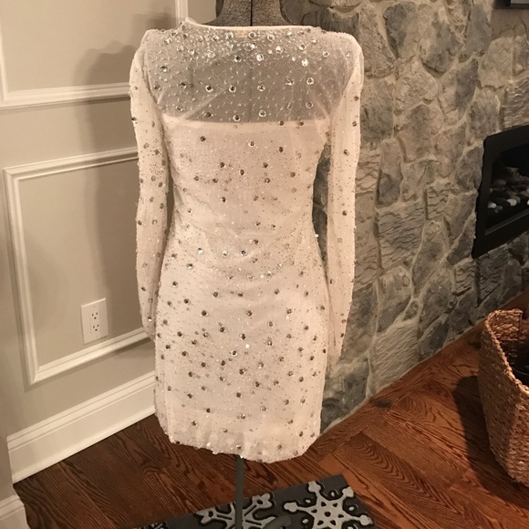 White long sleeve sheer beaded & gems shift dress - Picture 3 of 6