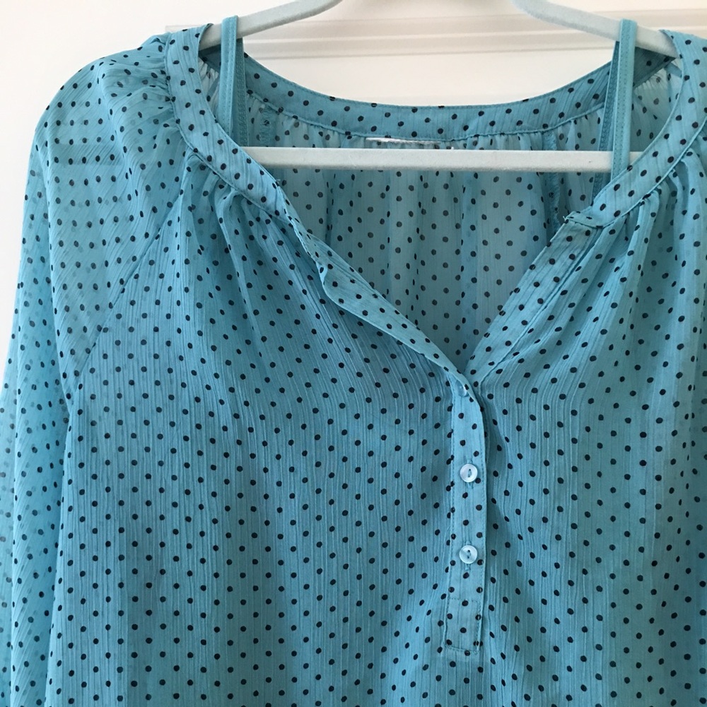 Aqua blouse w/ black polka dots. Large w/ shell