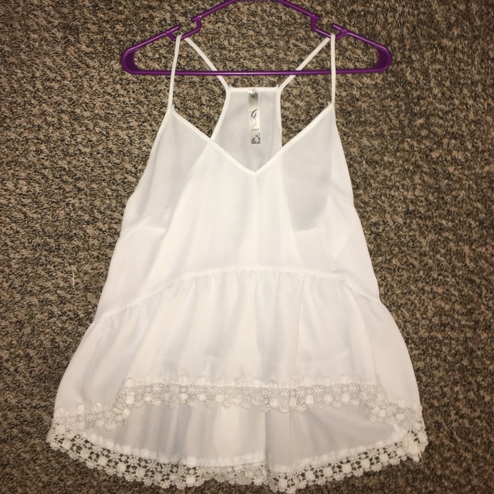 white flowy tank top with lace detailing trim