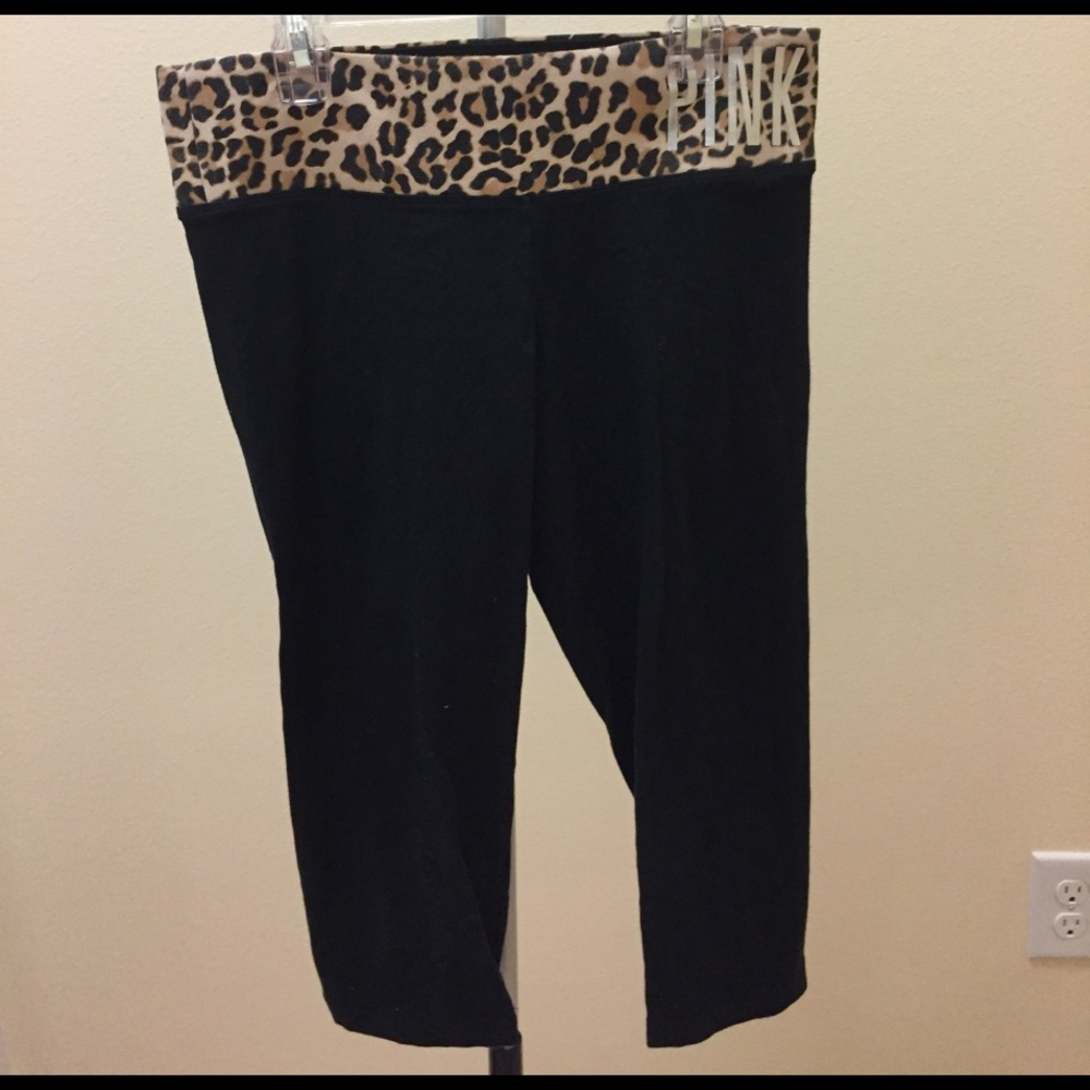 Pink yoga pants with animal print waistband