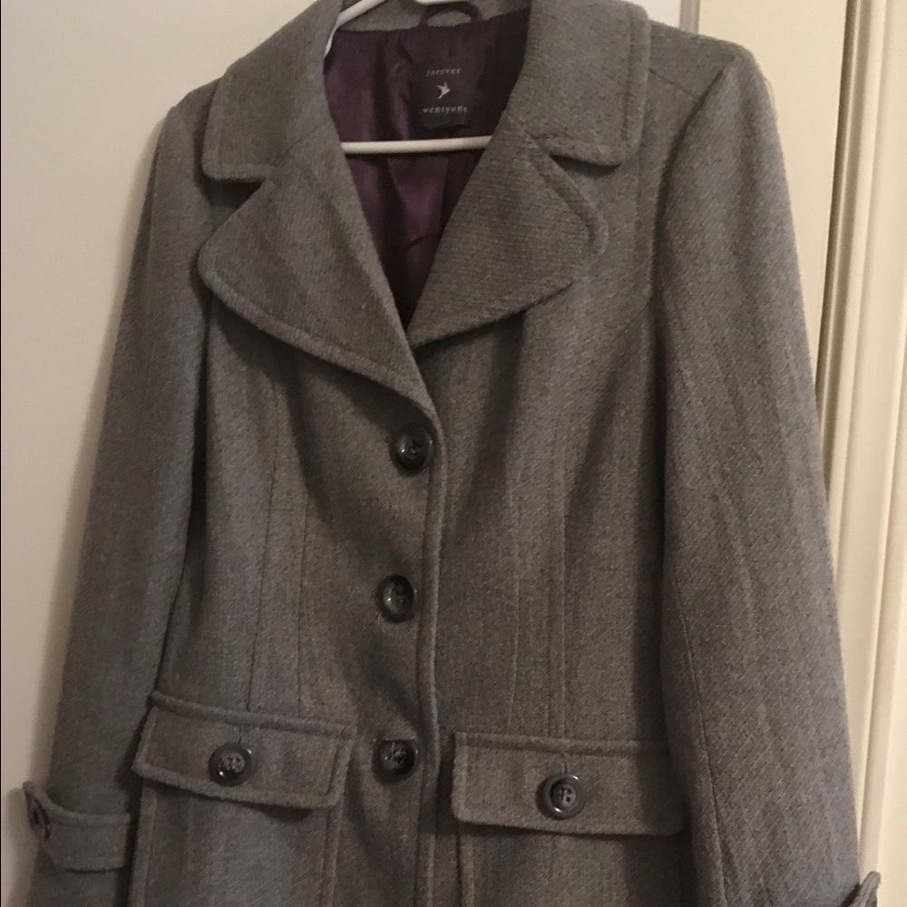 Gray peacoat with purple lining