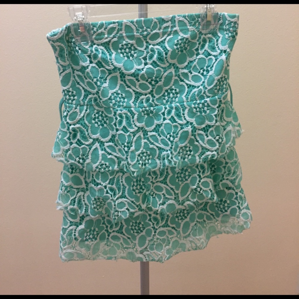 Floral and lacy turquoise high waisted skirt