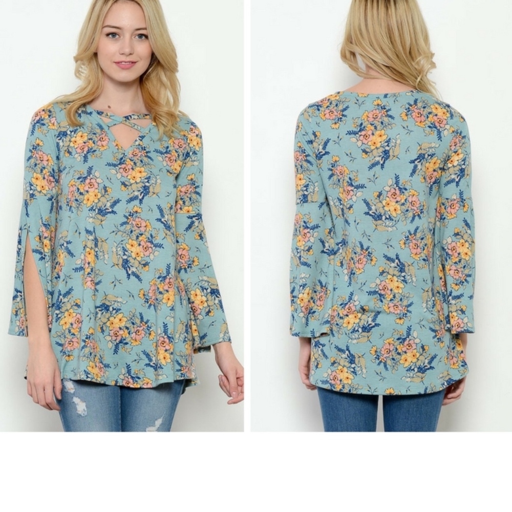 New Sage-Floral Print Knit Top