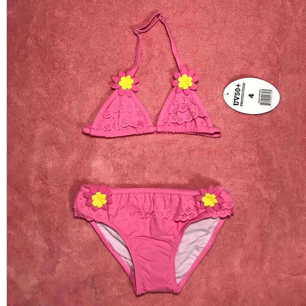 Pink flower 2 pc swimsuit for little girls