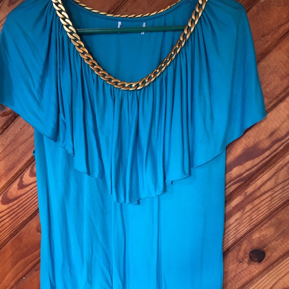 Aqua top with gold chain trim.
