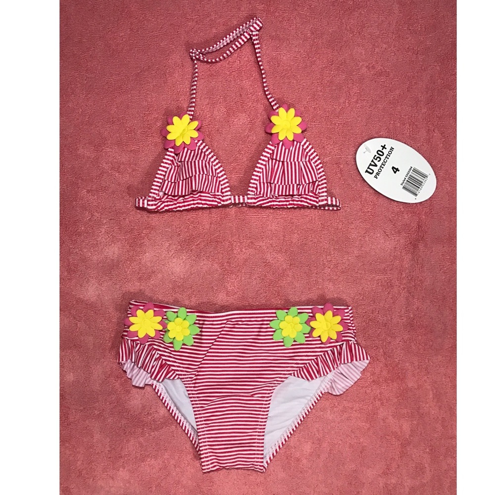 3D daisy stripped 2pc bikini for little girls