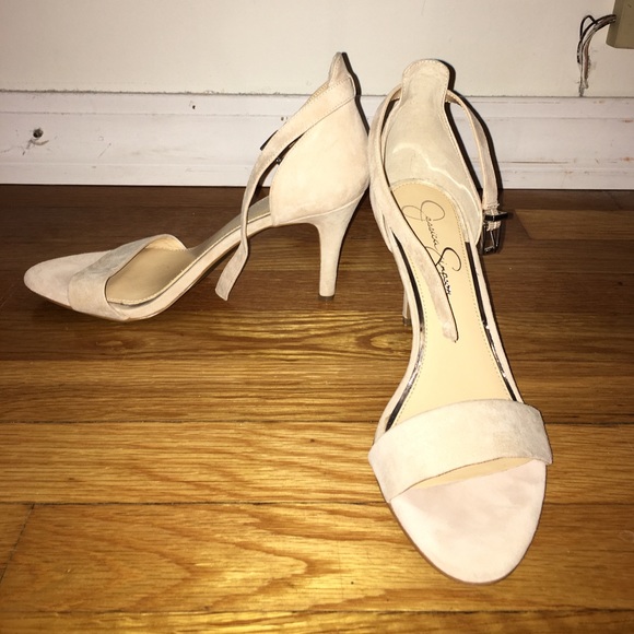 nude suede ankle strap heels
