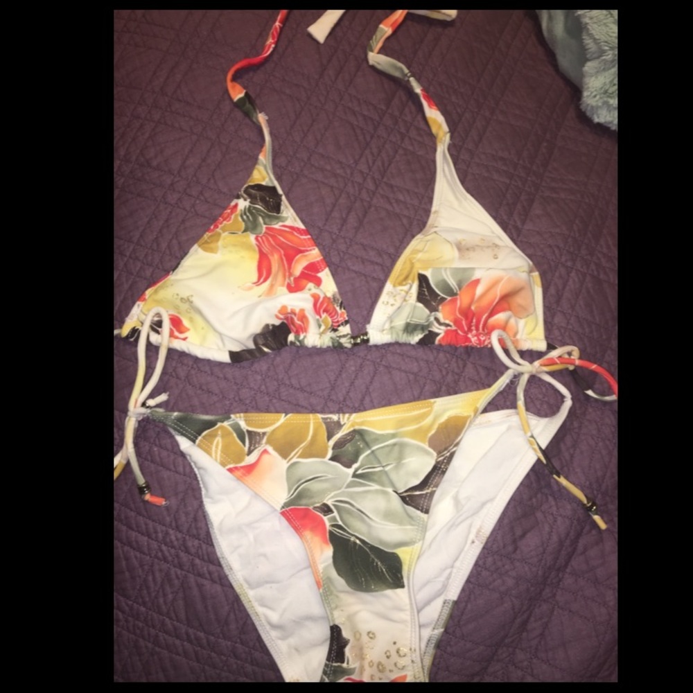 Orange tropical floral print white bikini