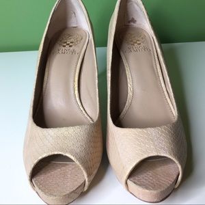 Vince Camuto Nude Snakeskin Peep Toe Pumps