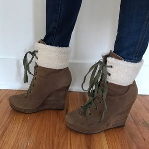 Lace-up Wedge Booties with Sheepskin Detail