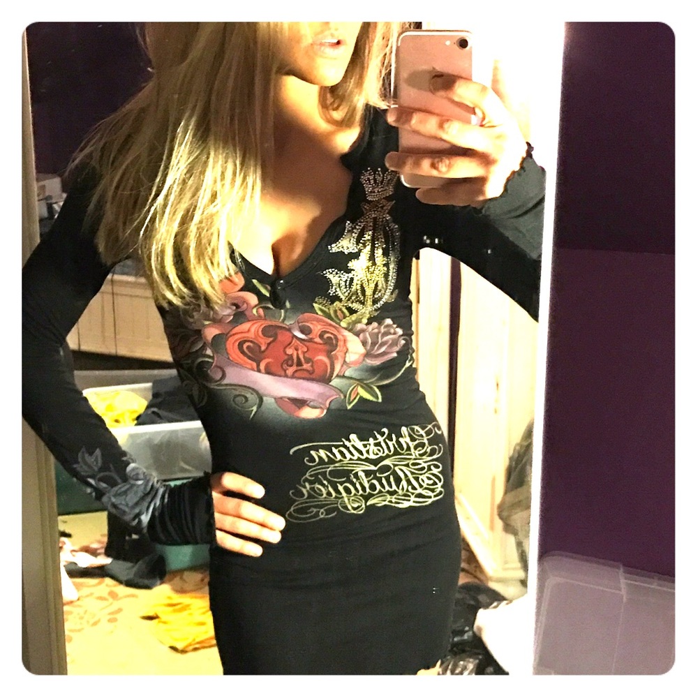 Christian Audigier black long sleeve tunic dress