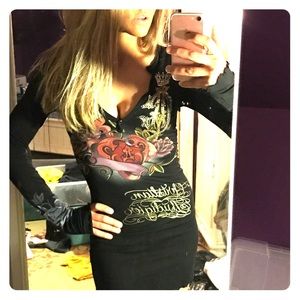 Christian Audigier black long sleeve tunic dress
