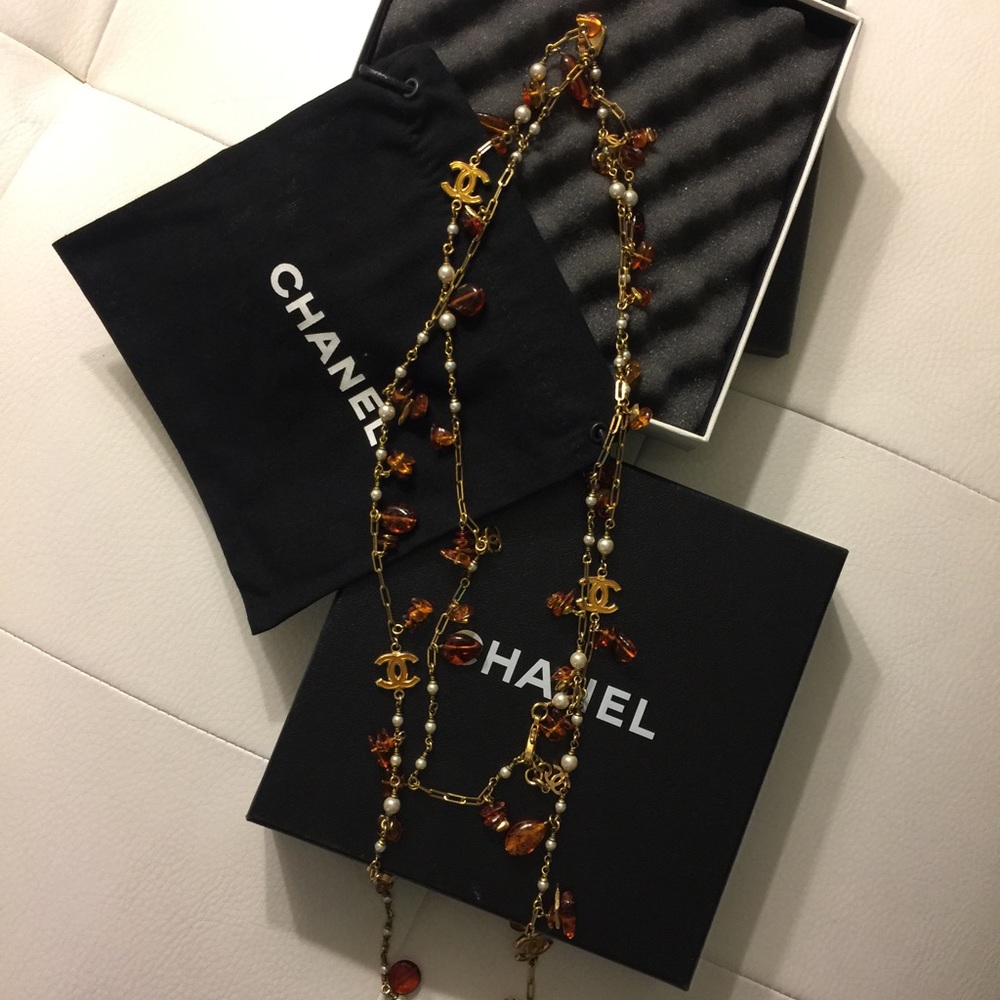 Authentic CHANEL amber and pearl gold necklace