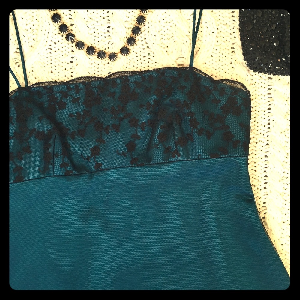 Designer turquoise and black lace cocktail dress